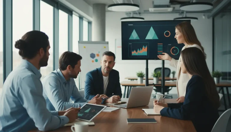 Mulher apresentando dados de marketing e gráficos em uma tela grande para a equipe em reunião