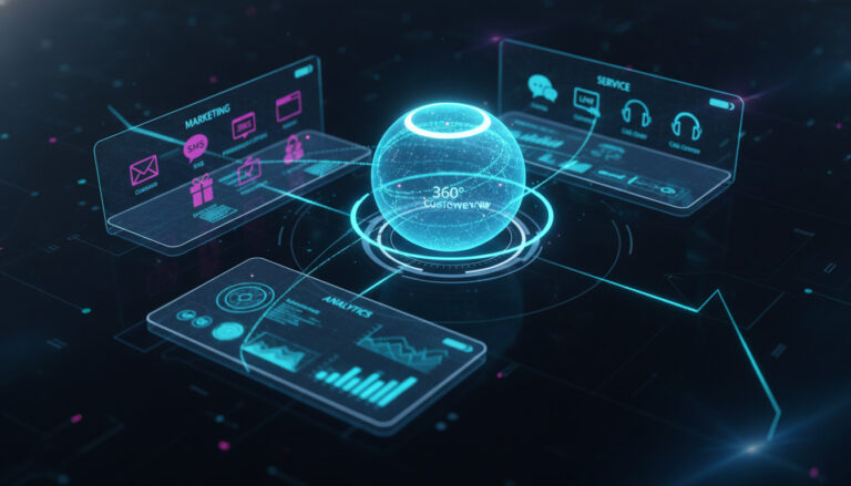 Visualização futurista de um sistema B2C CRM para e-commerce enterprise, unificando marketing, service e analytics através de uma plataforma centralizada com interfaces holográficas.
