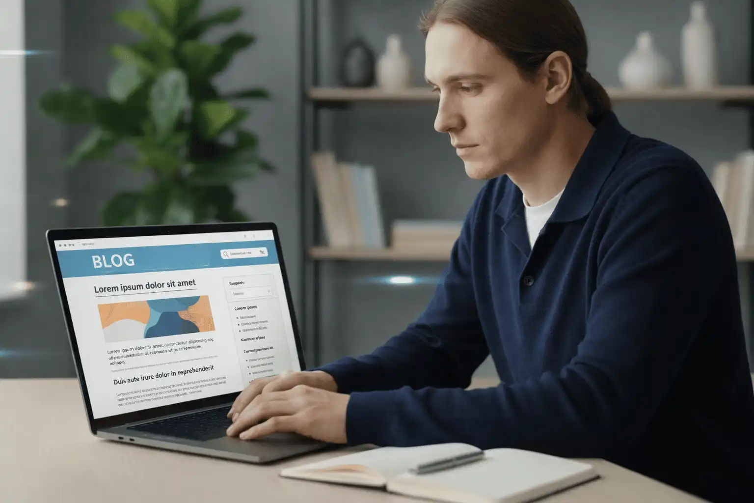 Homem digitando em um laptop, criando conteúdo para um blog para e-commerce.