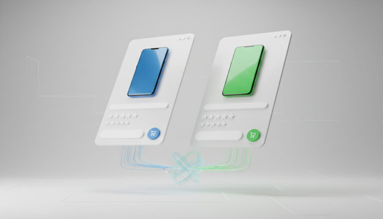 Duas interfaces digitais de smartphone, uma azul e outra verde, conectadas por linhas, representando a sobreposição de conteúdo que resulta na canibalização de palavras-chave para e-commerce.