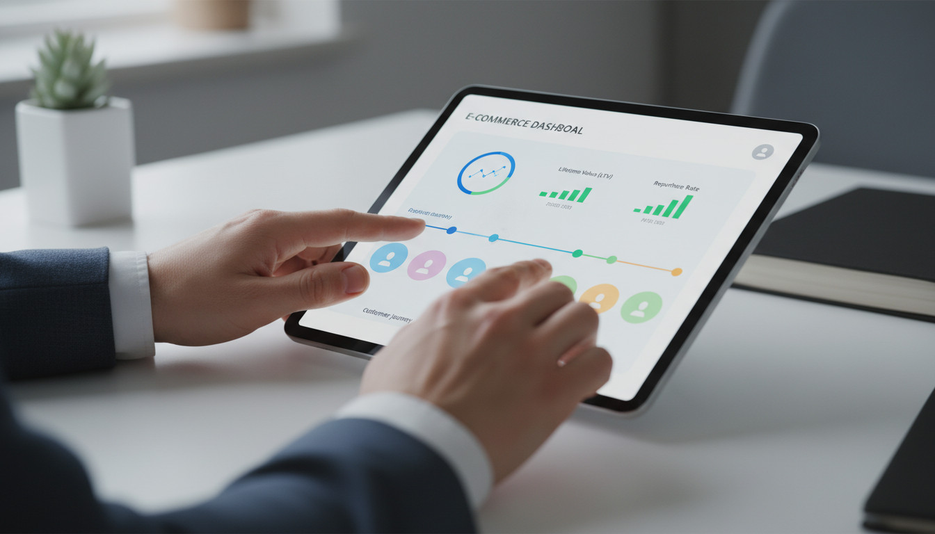 Mãos de um profissional de e-commerce utilizando um tablet com painel de controle de dados e métricas.
