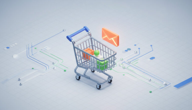 Carrinho de compras digital com produtos e um ícone de e-mail com gráfico, simbolizando o uso de CRM para recuperação de carrinho no e-commerce.