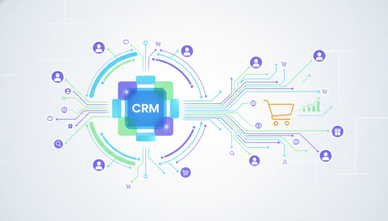 Ilustração de um sistema de CRM para e-commerce conectando clientes a processos de vendas online e dados, otimizando a retenção e o aumento de vendas.