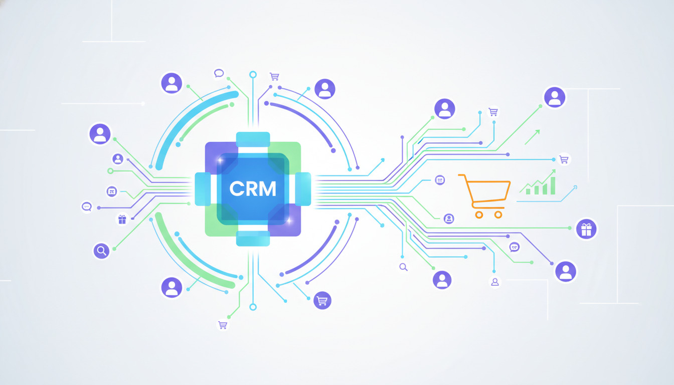Ilustração de um sistema de CRM para e-commerce conectando clientes a processos de vendas online e dados, otimizando a retenção e o aumento de vendas.