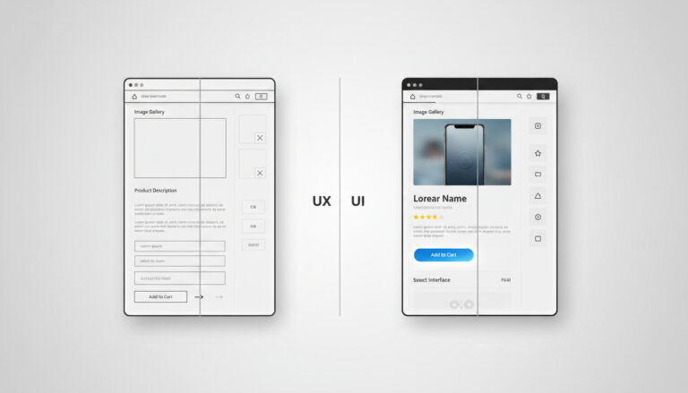 Imagem comparativa que ilustra a diferença entre UX e UI (Experiência do Usuário e Interface do Usuário). À esquerda, a tela de UX apresenta um wireframe de baixa fidelidade, focando na estrutura e fluxo. À direita, a tela de UI exibe um design de alta fidelidade com elementos visuais completos, cores e imagens, mostrando o resultado final da interface. Esta visualização é crucial para entender como aplicar a diferença entre UX e UI no seu e-commerce.