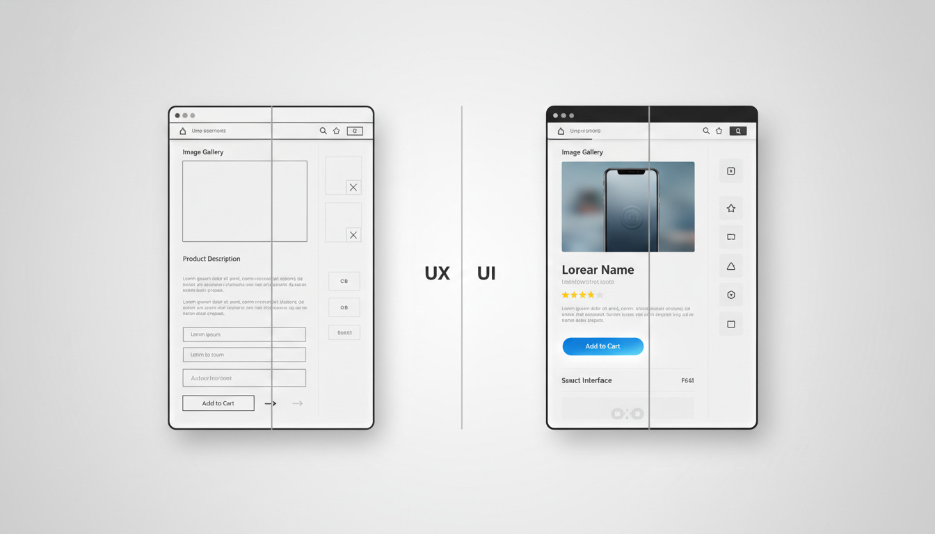 Imagem comparativa que ilustra a diferença entre UX e UI (Experiência do Usuário e Interface do Usuário). À esquerda, a tela de UX apresenta um wireframe de baixa fidelidade, focando na estrutura e fluxo. À direita, a tela de UI exibe um design de alta fidelidade com elementos visuais completos, cores e imagens, mostrando o resultado final da interface. Esta visualização é crucial para entender como aplicar a diferença entre UX e UI no seu e-commerce.
