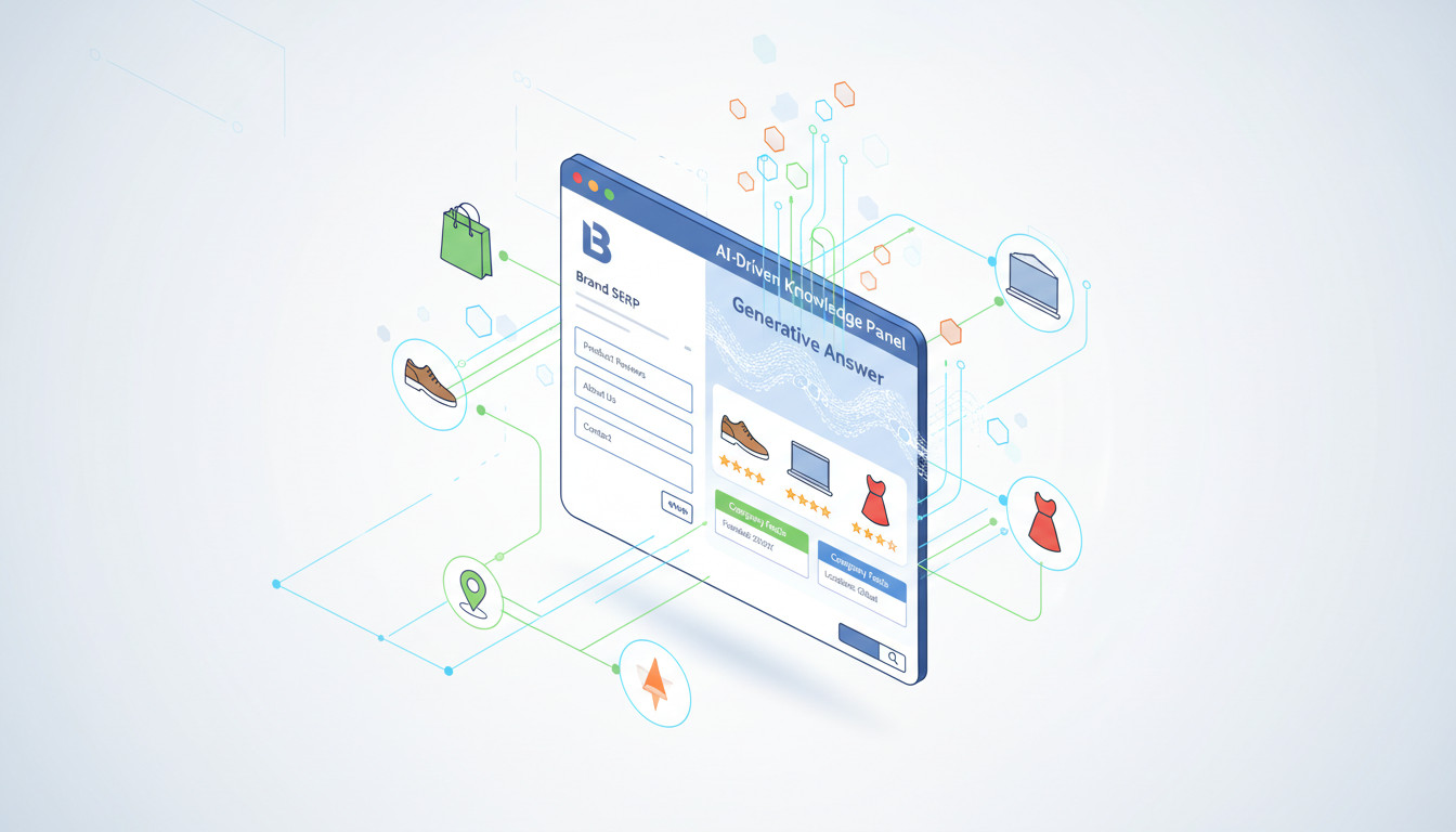 Visualização isométrica de uma interface de e-commerce com busca de produtos e recomendações personalizadas. Um ecossistema de dados e entidades interconectadas, incluindo produtos, localização e comportamento do usuário, representa como o entity seo ecommerce otimiza a brand SERP para a inteligência artificial, melhorando a descoberta e relevância dos itens.