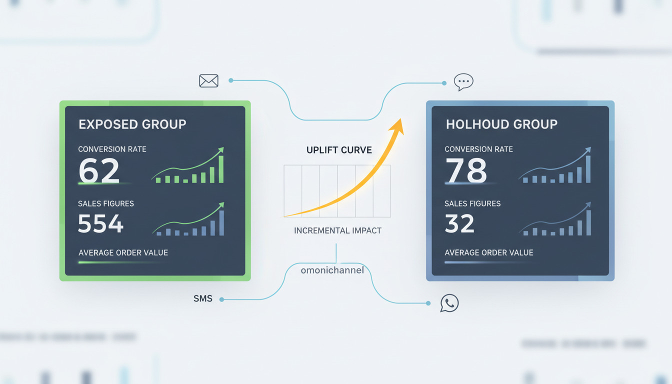 Infográfico gerado em IA de holdout test crm comparando grupo exposto e holdout, mostrando a incrementalidade de email, SMS e WhatsApp nas taxas de conversão e vendas com curva de uplift.