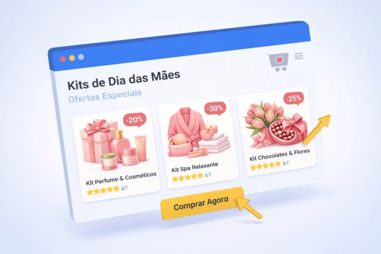 Representação 3D de uma interface de landing page de um e-commerce com kits de Dia das Mães à venda.