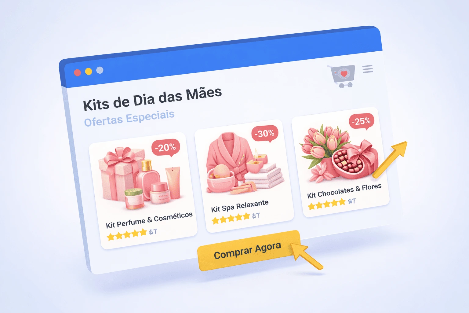 Representação 3D de uma interface de landing page de um e-commerce com kits de Dia das Mães à venda.