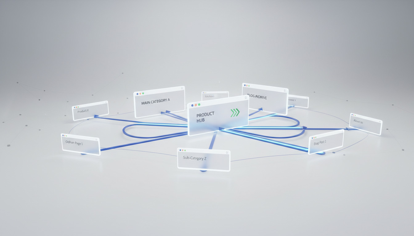 Ilustração de um sistema de linkagem interna e-commerce, com um hub central conectando diversas páginas para otimizar a navegação do usuário e impulsionar as conversões.