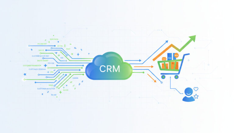 Ilustração de uma nuvem CRM processando dados de comportamento e compras, resultando em vendas ativas, um carrinho de compras com produtos e um cliente satisfeito com seta de crescimento.