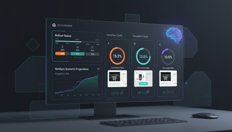 Um dashboard moderno e escuro exibindo métricas de performance, status de rollout e um ícone de cérebro representando IA, ilustrando um teste a b shopify avançado para otimizar conversões e vendas.