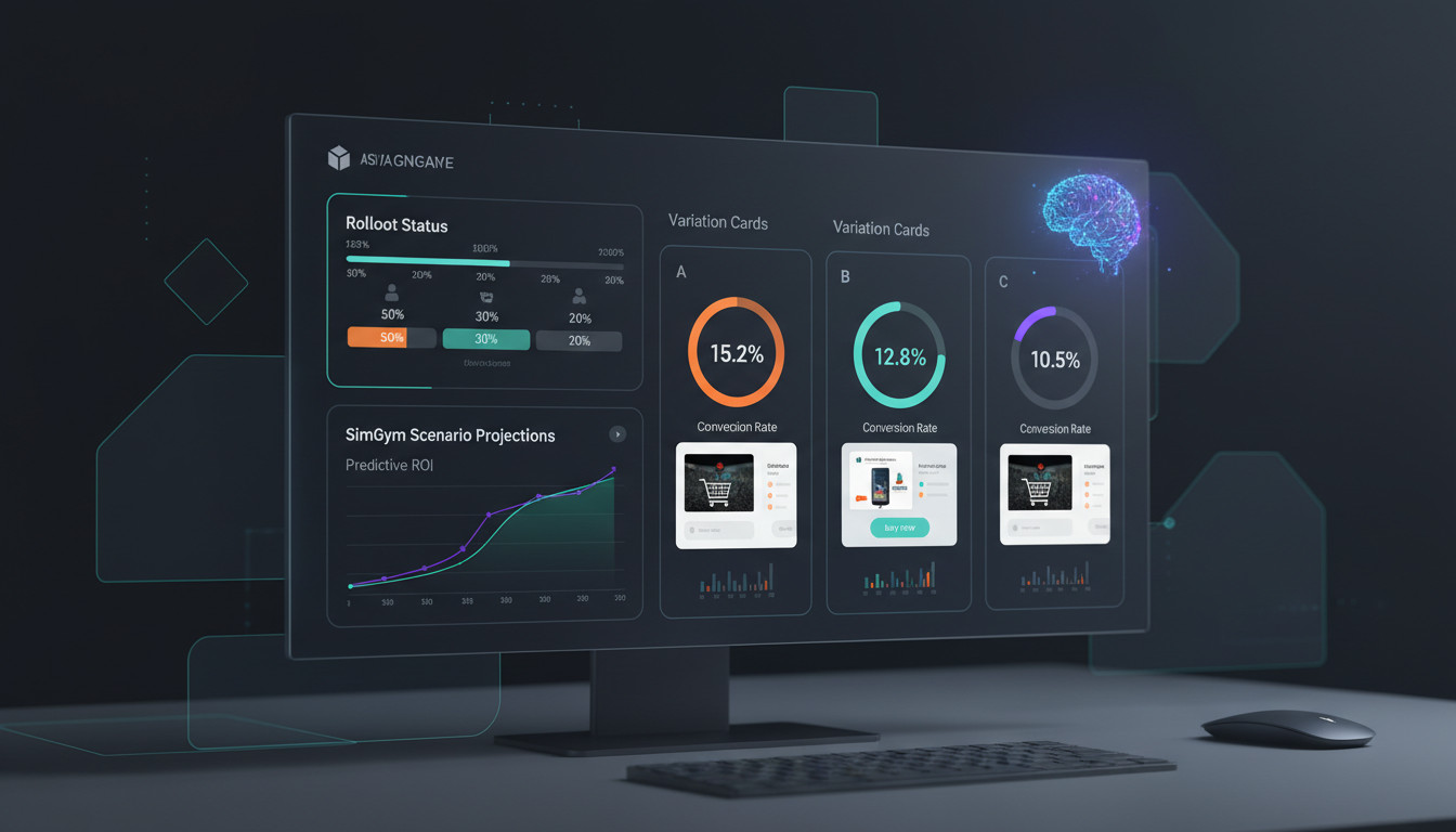 Um dashboard moderno e escuro exibindo métricas de performance, status de rollout e um ícone de cérebro representando IA, ilustrando um teste a b shopify avançado para otimizar conversões e vendas.