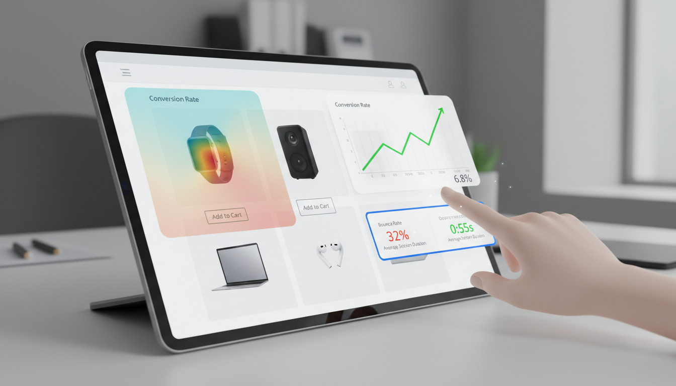 Tablet exibindo um dashboard de e-commerce interativo, com gráficos de desempenho, listagem de produtos e métricas. Uma mão interage na tela, ilustrando a aplicação de UX/UI e dados para decisões estratégicas de e-commerce e otimização da experiência do usuário.
