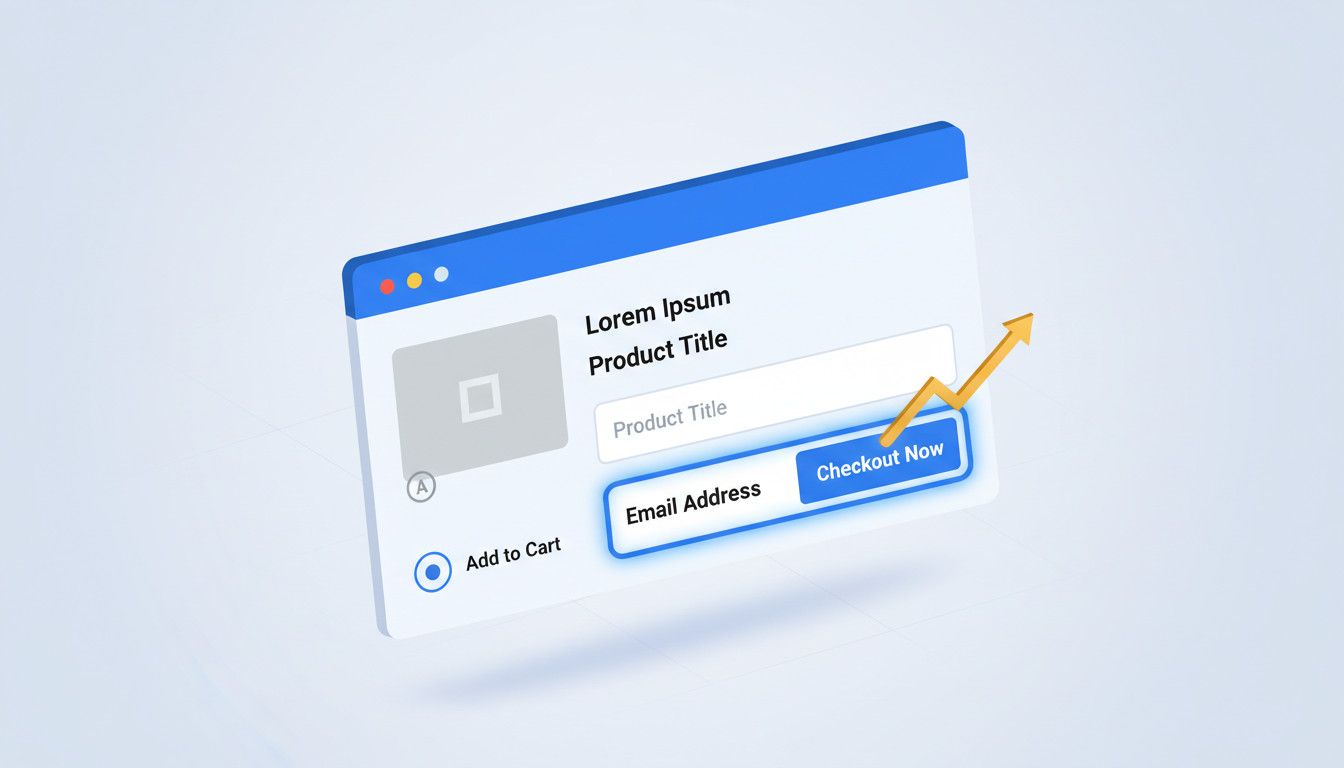 Representação 3D de uma interface de e-commerce com formulário de checkout simplificado, mostrando campos de e-mail e um botão "Checkout Now", com uma seta de crescimento indicando aumento de conversão por meio de ajustes de UX segundo WCAG 2.2 para reduzir fricção e ampliar vendas nas lojas virtuais.