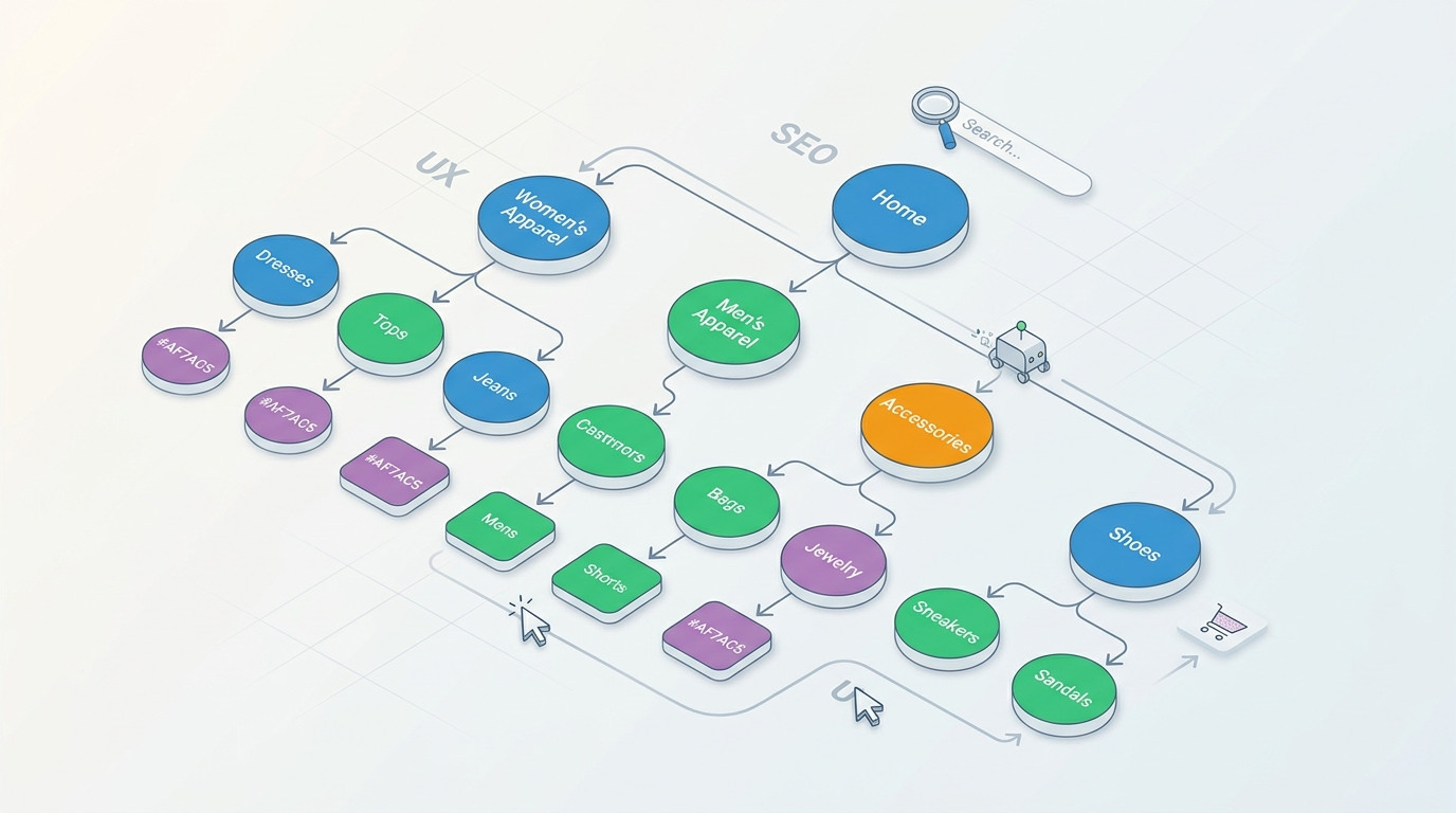 Fluxograma isométrico, gerado por IA, detalhando a arquitetura da informação para e-commerce, mostrando como a estrutura do site influencia diretamente o SEO e a UX, com exemplos de páginas como Home, Produtos e Categorias.