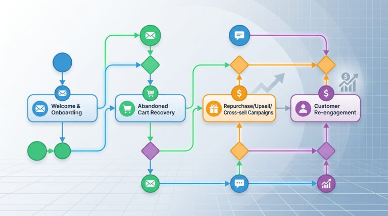 Imagem gerada por IA de um fluxograma detalhado de automação de CRM, ilustrando fluxos essenciais para e-commerce como boas-vindas, recuperação de carrinho abandonado, campanhas de recompra, upsell/cross-sell e reengajamento de clientes, visando aumentar o LTV.