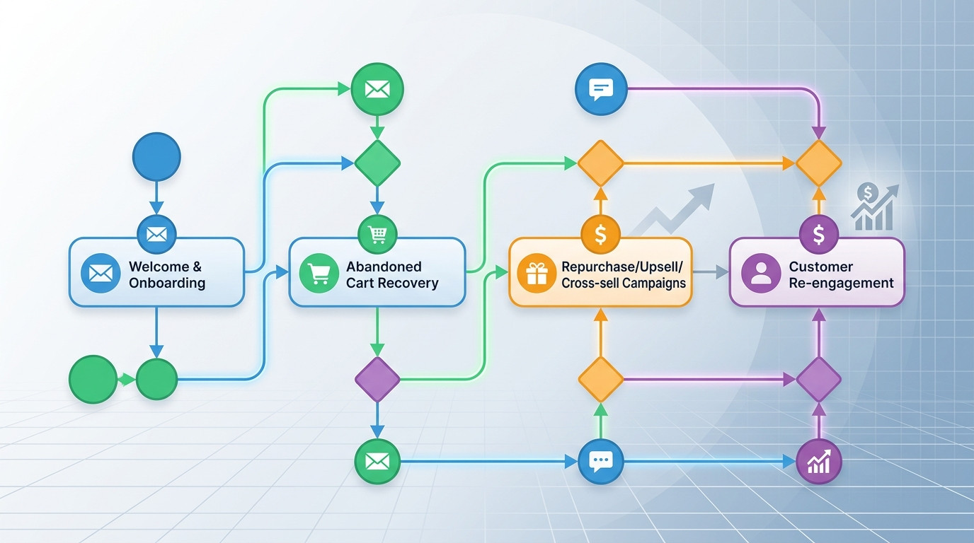 Imagem gerada por IA de um fluxograma detalhado de automação de CRM, ilustrando fluxos essenciais para e-commerce como boas-vindas, recuperação de carrinho abandonado, campanhas de recompra, upsell/cross-sell e reengajamento de clientes, visando aumentar o LTV.