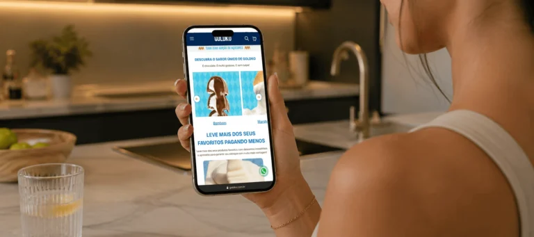 Imagem gerada com inteligência artificial de uma mulher com roupas de academia, explorando o site da GoldKo em seu celular.