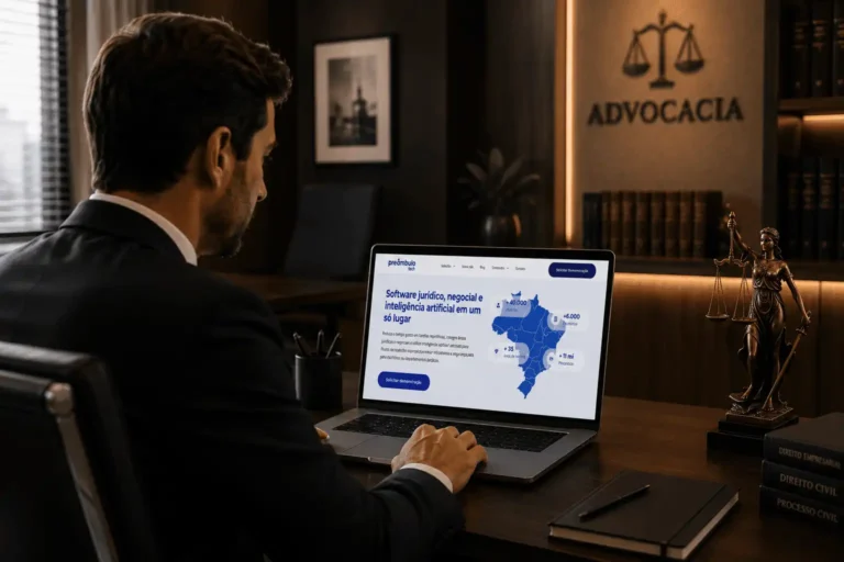 Imagem gerada por inteligência artificial de um advogado, em seu escritório de advocacia, usando um laptop para contratar o software jurídico da Preâmbulo Tech, após otimizações de SEO realizados pela Wicomm.