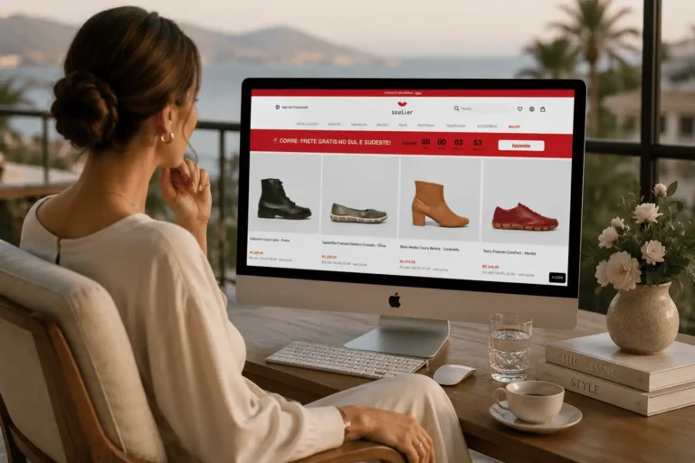 Imagem gerada por inteligência artificial de uma mulher navegando no site da Soulier em seu computador em sua ampla varanda, com vista para o pôr do sol e natureza ao fundo.