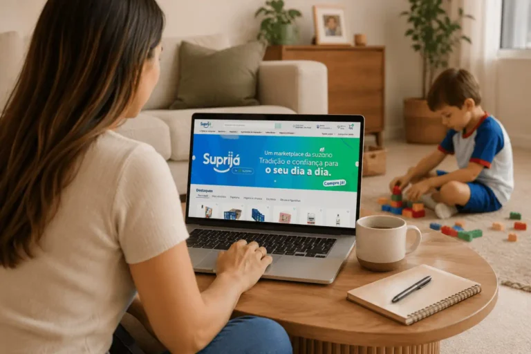 Imagem gerada por inteligência artificial de uma mulher usando laptop para fazer compras na Suprijá enquanto seu filho brinca no chão com blocos de montar em uma sala de estar moderna e aconchegante.