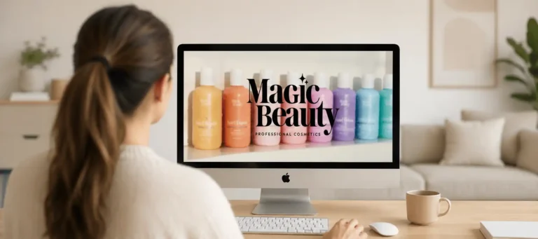 Imagem gerada com inteligência artificial de uma mulher acessando o site da Magic Beauty na tela de um computador.