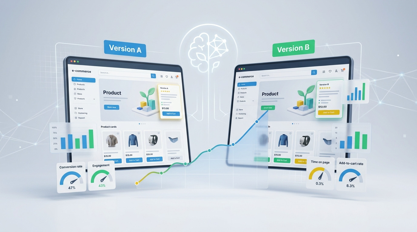Ilustração feita por IA de um teste A/B em e-commerce, com duas telas de tablet apresentando as versões A e B de uma loja online. As telas exibem métricas de desempenho e gráficos comparativos.
