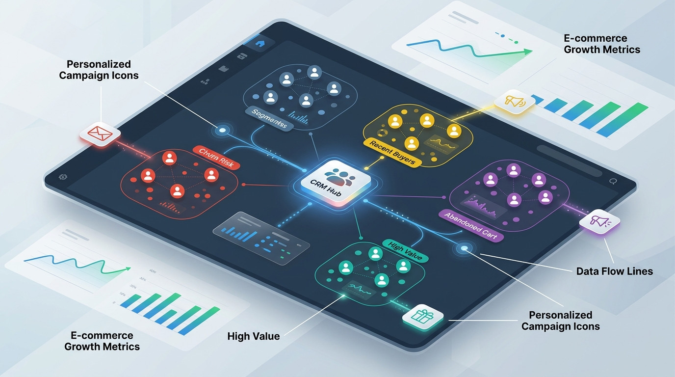 Ilustração gerada por IA de um diagrama de segmentação com CRM exibido em um tablet, mostrando a organização de diferentes clusters de clientes para campanhas personalizadas e otimização de vendas no e-commerce, incluindo métricas de crescimento e identificação de clientes de alto valor.