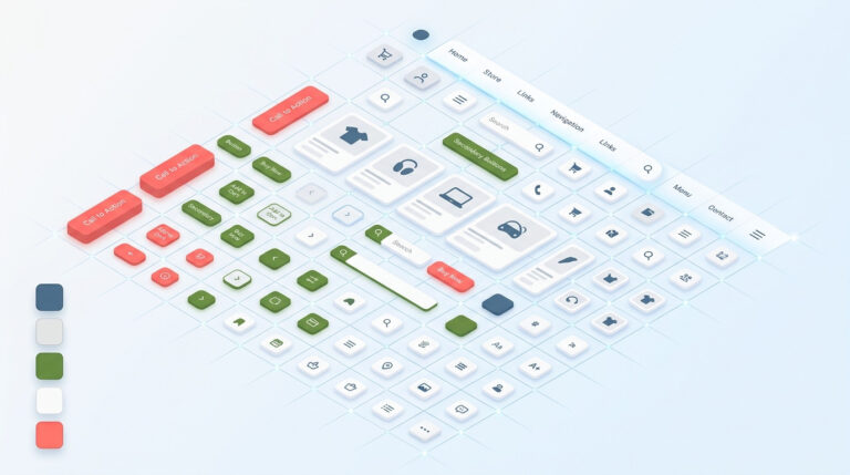 Imagem gerada por ia do design system completo com componentes de interface do usuário em perspectiva isométrica, incluindo botões, ícones e campos.