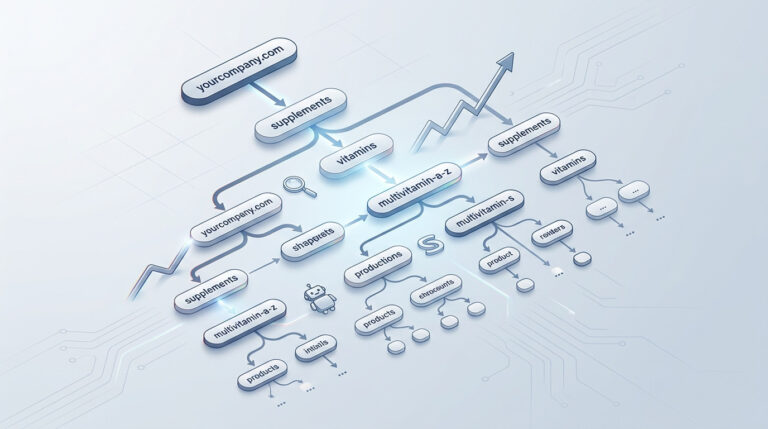 Ilustração 3D de uma estrutura de URLs hierárquica e organizada, essencial para e-commerce, demonstrando clareza e escalabilidade em SEO.