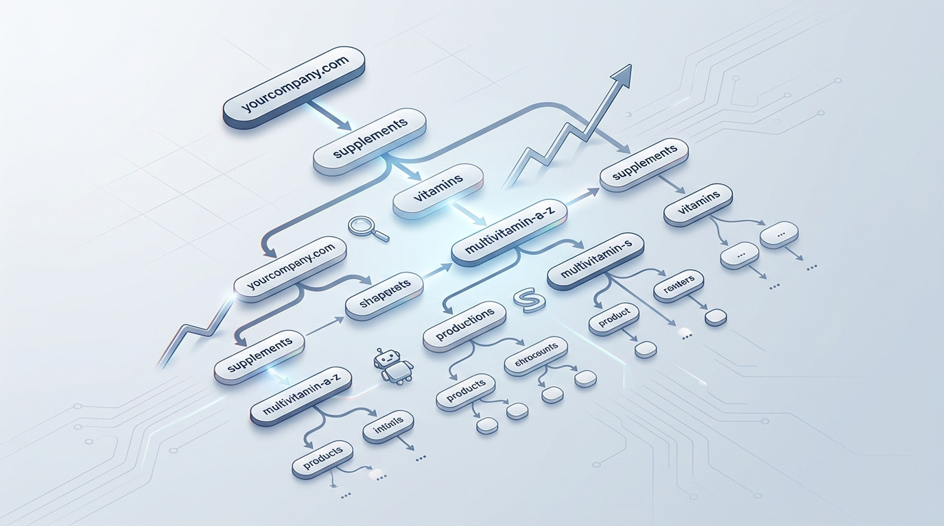Ilustração 3D de uma estrutura de URLs hierárquica e organizada, essencial para e-commerce, demonstrando clareza e escalabilidade em SEO.
