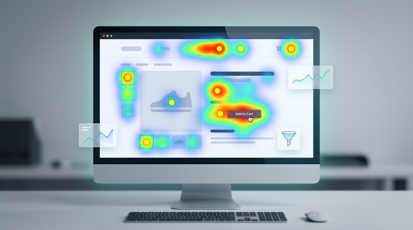 Visualização de mapas de calor e dados comportamentais em um monitor, destacando a interação do usuário em um site para identificar gargalos de conversão no e-commerce.