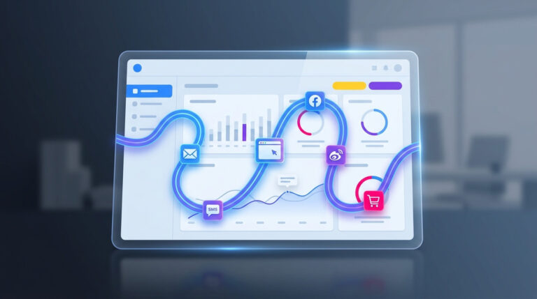 Dashboard digital em um tablet transparente exibindo a jornada do cliente com CRM, com um fluxo visual de etapas interconectadas, ícones de comunicação e gráficos de análise, ilustrando a otimização de processos.