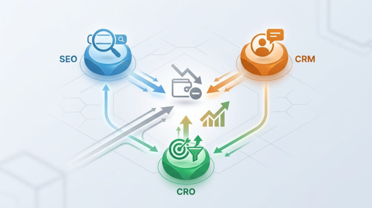 Diagrama ilustrando, gerado por IA, a integração de SEO, CRM e CRO para reduzir CAC do e-commerce, com setas conectando as três estratégias a uma carteira com sinal de menos, simbolizando a diminuição de custos, e gráficos de crescimento.
