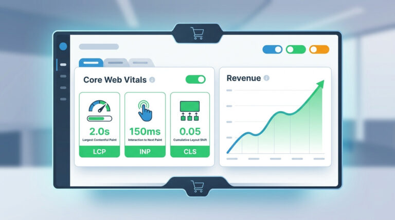 Dashboard gerado por IA de Core Web Vitals no e-commerce com métricas LCP, FID e CLS, exibindo um gráfico de receita em crescimento.