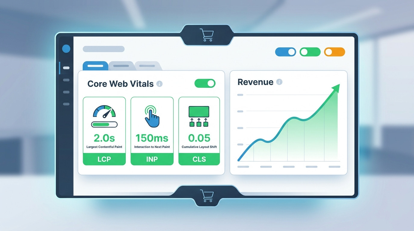 Dashboard gerado por IA de Core Web Vitals no e-commerce com métricas LCP, FID e CLS, exibindo um gráfico de receita em crescimento.