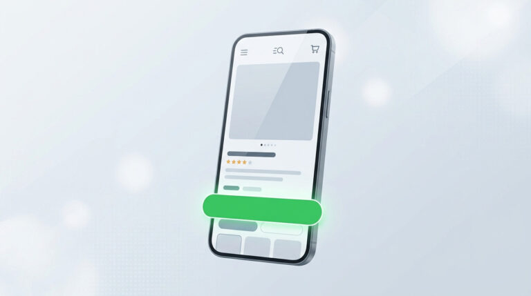 Otimização de CRO para mobile: tela de smartphone exibindo uma página de produto com um botão verde de call to action, focado em aumentar a conversão.