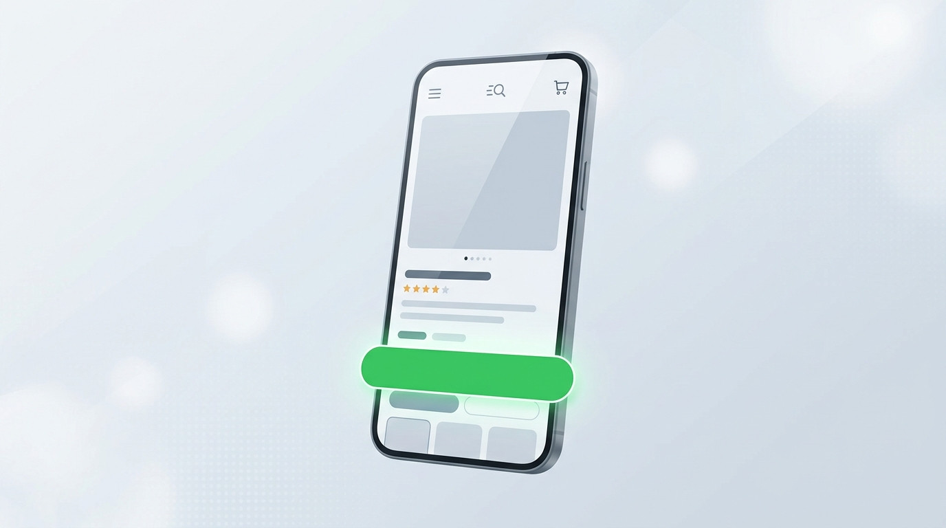 Otimização de CRO para mobile: tela de smartphone exibindo uma página de produto com um botão verde de call to action, focado em aumentar a conversão.