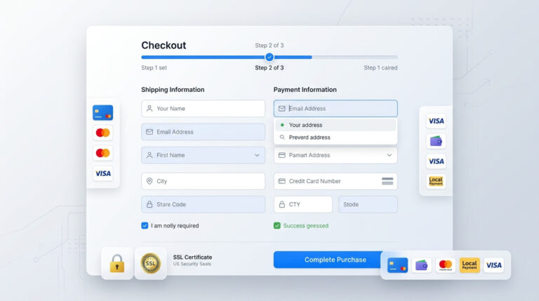 Imagem gerada por IA de design de checkout de e-commerce moderno e intuitivo, mostrando formulário de pagamento em múltiplos passos com opções de cartão de crédito e segurança para reduzir o abandono de carrinho.