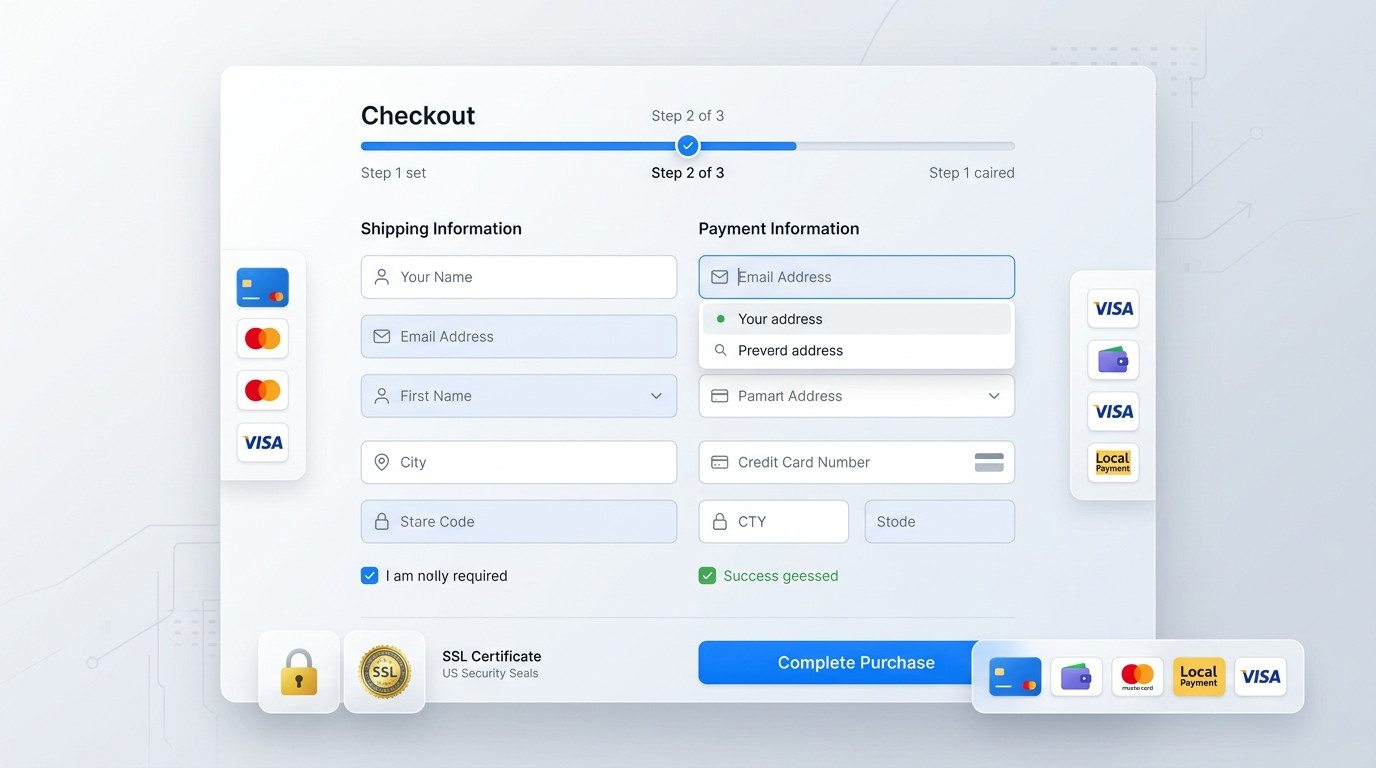 Imagem gerada por IA de design de checkout de e-commerce moderno e intuitivo, mostrando formulário de pagamento em múltiplos passos com opções de cartão de crédito e segurança para reduzir o abandono de carrinho.