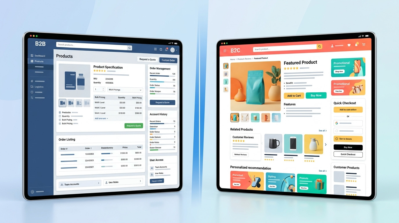 E-commerce B2B: interface de gestão de produtos em sistema de backend (esquerda) contrastando com página de produto de loja online B2C (direita), demonstrando as diferenças de UX.