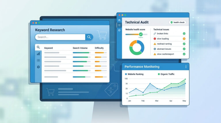 Interfaces de ferramentas de SEO para e-commerce exibindo pesquisa de palavras-chave, auditoria técnica e monitoramento de desempenho para otimização de lojas virtuais.