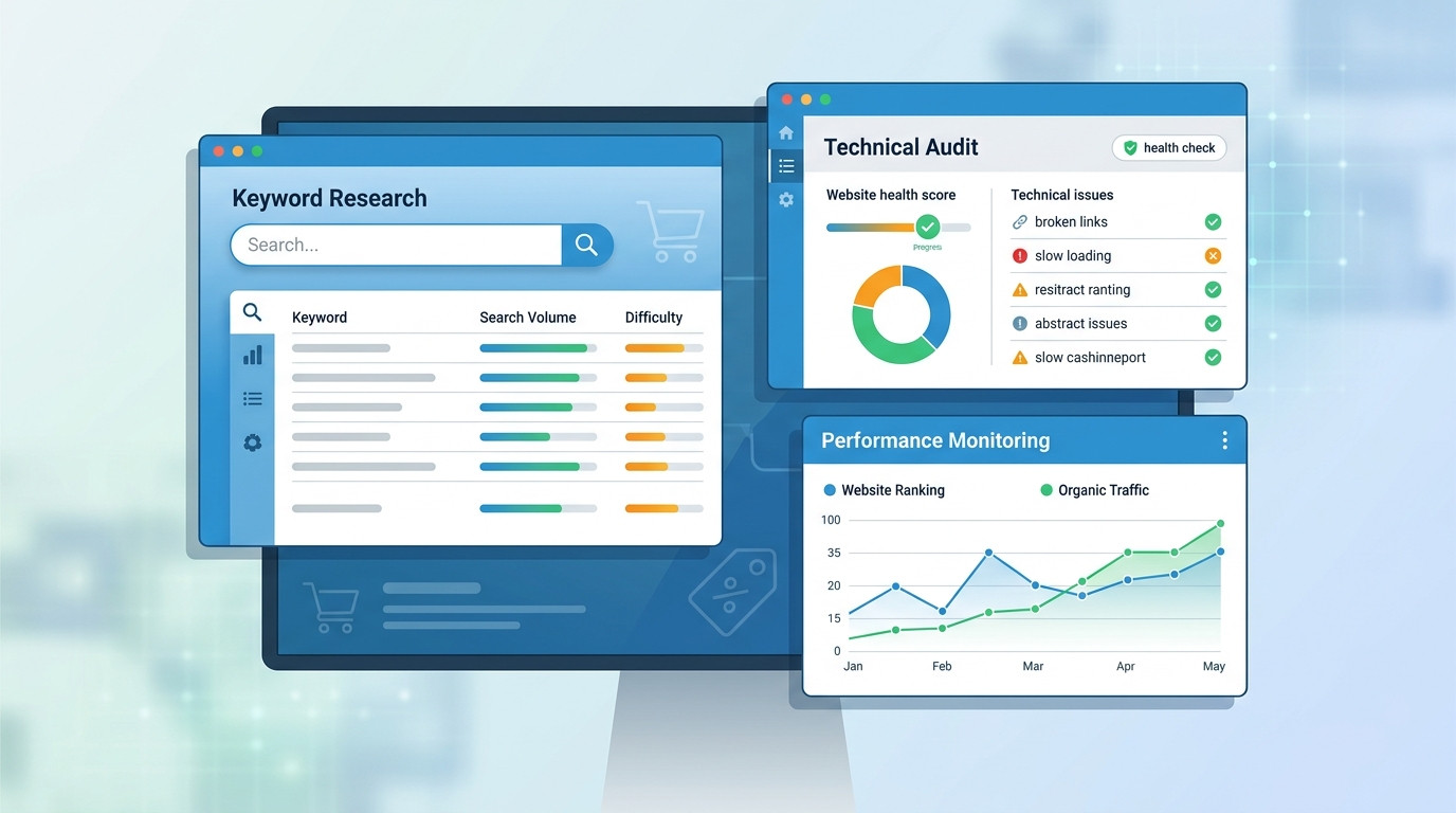 Interfaces de ferramentas de SEO para e-commerce exibindo pesquisa de palavras-chave, auditoria técnica e monitoramento de desempenho para otimização de lojas virtuais.