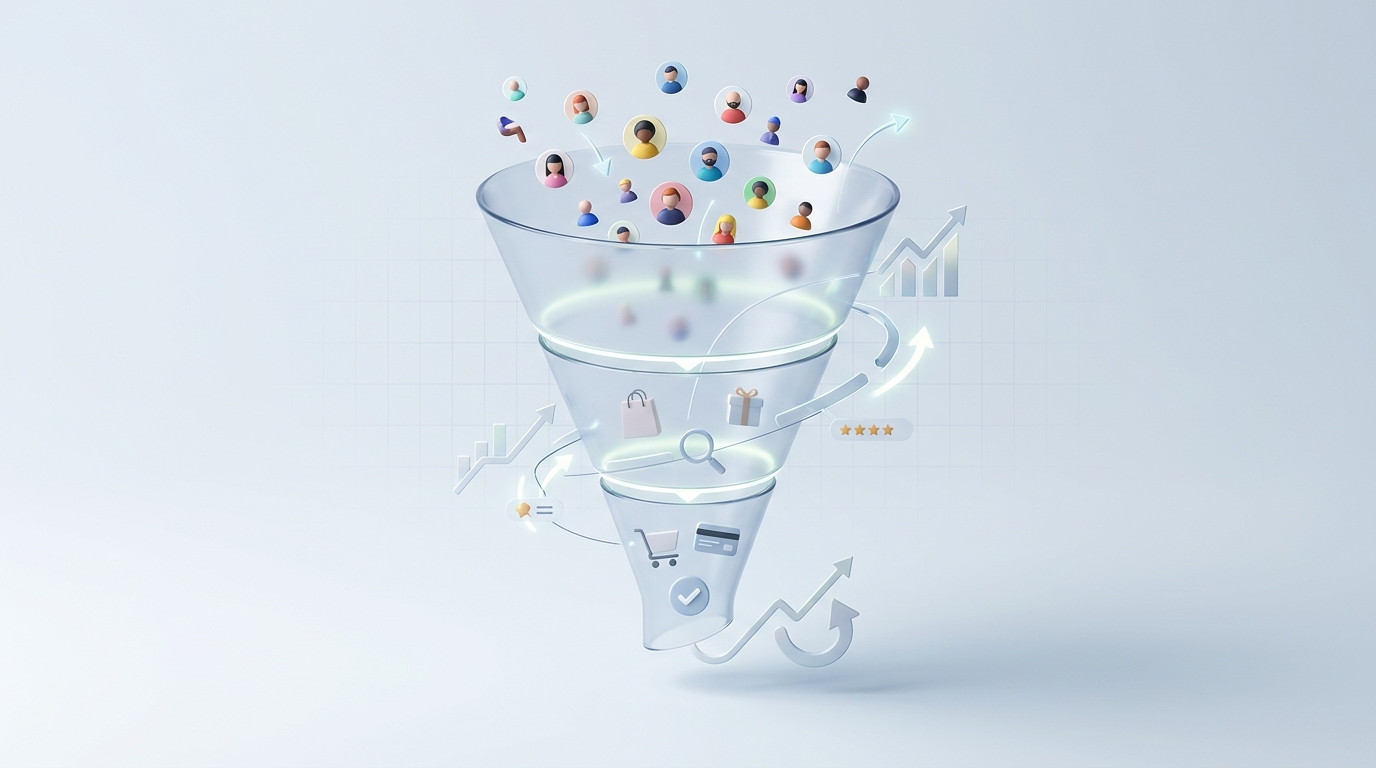 Funil de vendas no e-commerce ilustrado como um funil transparente, mostrando ícones de pessoas no topo (visitantes/leads), passando por etapas intermediárias de consideração e interação (carrinho de compras, produtos) e culminando em uma compra (cartão de crédito) na base, com setas e gráficos indicando otimização e crescimento das vendas online.