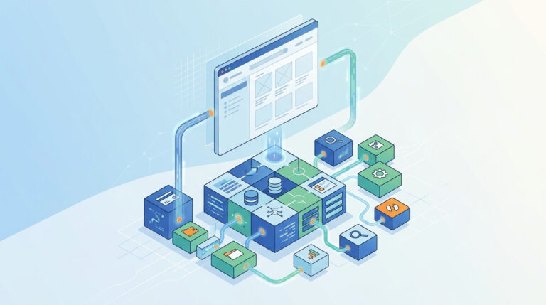 Ilustração feita em IA da arquitetura Headless commerce, mostrando a interface do usuário (frontend) desacoplada de módulos de backend, serviços e bancos de dados.