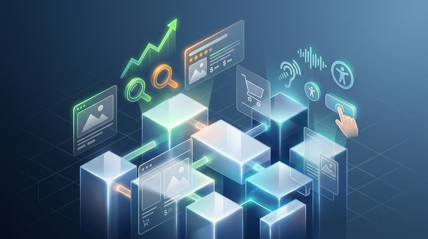 Ilustração digital futurista gerado por IA com blocos de dados interconectados e ícones de e-commerce, busca e gráficos de crescimento, simbolizando o impacto do HTML semântico na otimização de SEO e na acessibilidade para lojas virtuais.