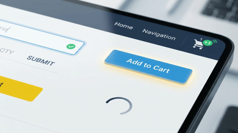 Imagem gerada por IA de microinterações em UX em uma interface de e-commerce em tablet, destacando um botão 'Add to Cart' realçado, um ícone de carrinho de compras com notificação verde e um spinner de carregamento.