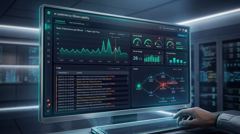 Observabilidade no e-commerce: monitor de computador exibindo um dashboard de performance em tempo real com gráficos, métricas e dados para análise e otimização.